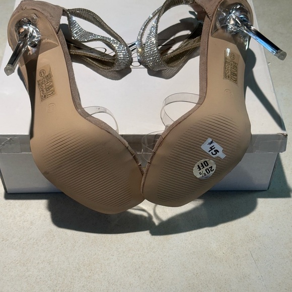 ACATA SZ 5.5 Rhinestone Straps & Open Toe Tan Suede High Heels Zip Back NWT - Picture 6 of 8
